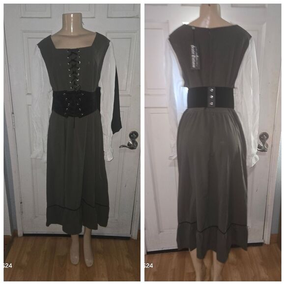 Colonial Contrast Color Dress Square Neck A-Line Dress green - Picture 2 of 15